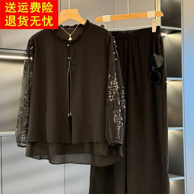 时尚洋派妈妈装雪纺套装女2025夏装新款上衣减龄气质中老年两件套