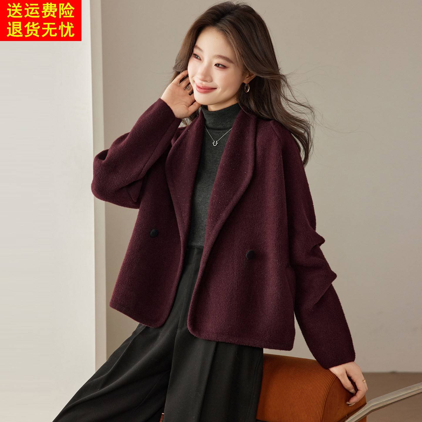 高级双排扣西装领短外套女秋冬2026宽松显瘦通勤针织开衫气质外套