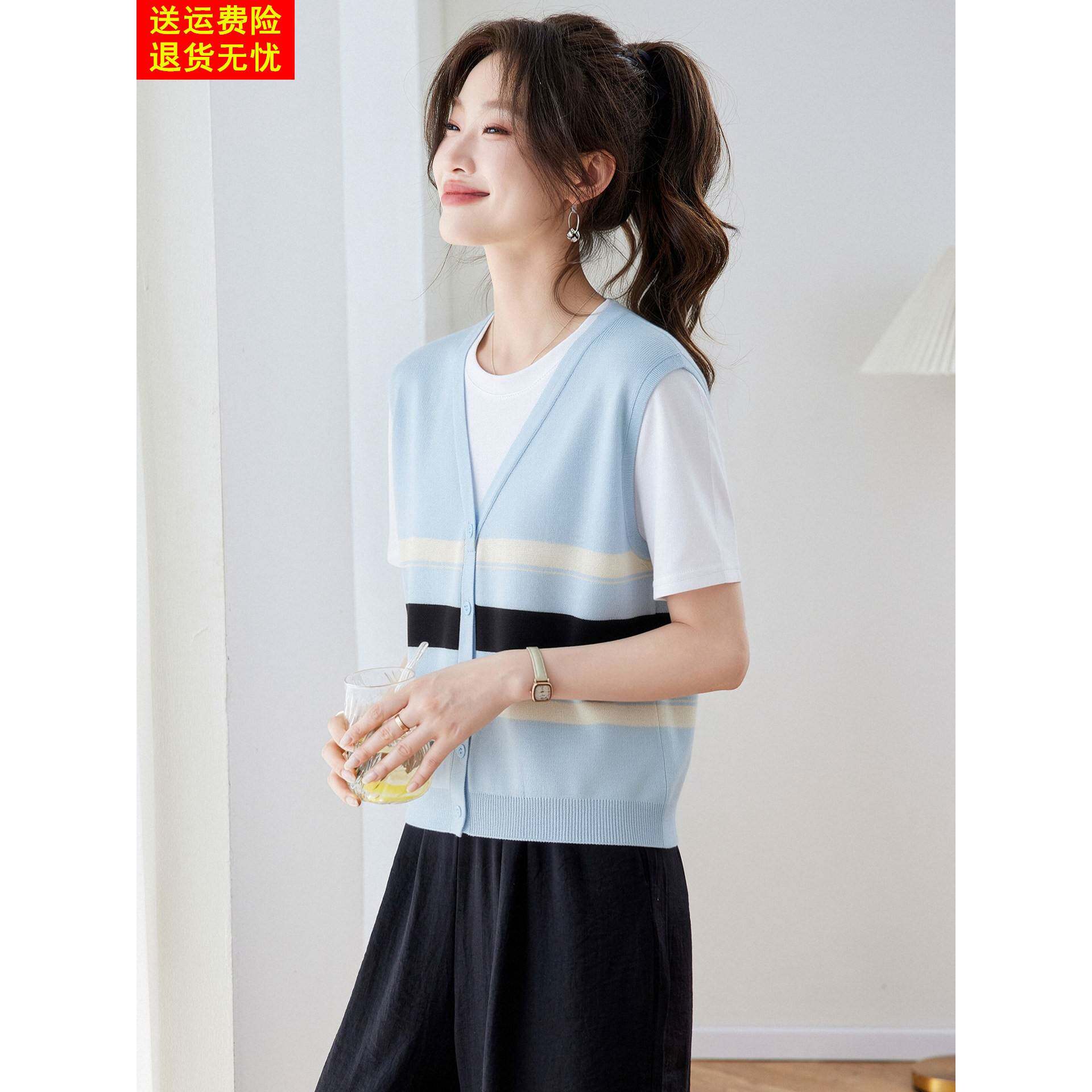 冰丝短袖t恤女夏季高级感轻奢拼接假两件圆领撞色条纹针织上衣图片
