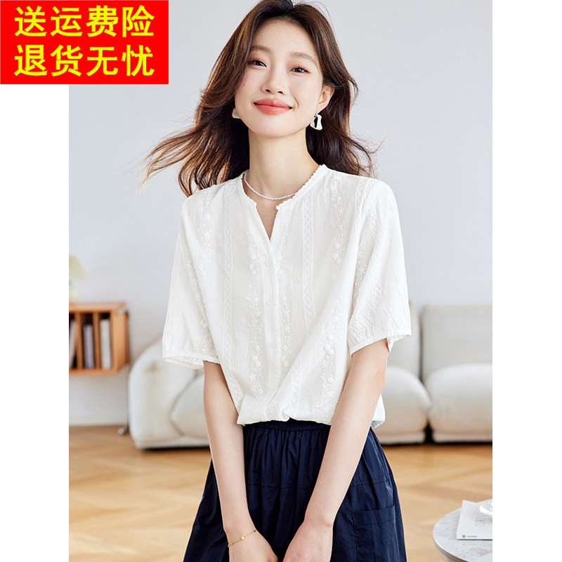白色纯棉绣花短袖衬衫女2025新款夏季独特超好看洋派减龄短款上衣