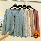 新款 宽松保暖飞边上衣 系扣德绒睡衣大码 印花开衫 家居服女秋冬长袖