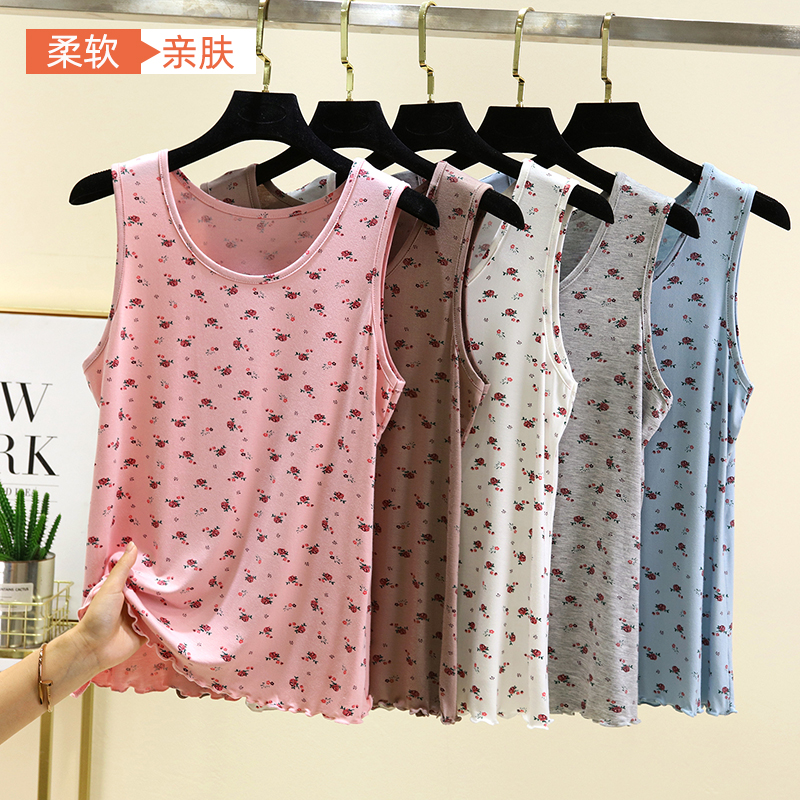 莫代尔碎花圆领背心女夏季薄款无袖打底上衣大码宽松内搭吊带T恤