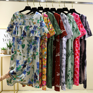 绵绸短袖连衣裙女夏季薄款收腰家居裙中长款A字裙人造棉宽松睡裙