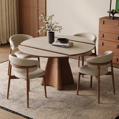 中古风洞石岩板实木伸缩餐桌家用小户型可变圆桌方圆两用折叠饭桌