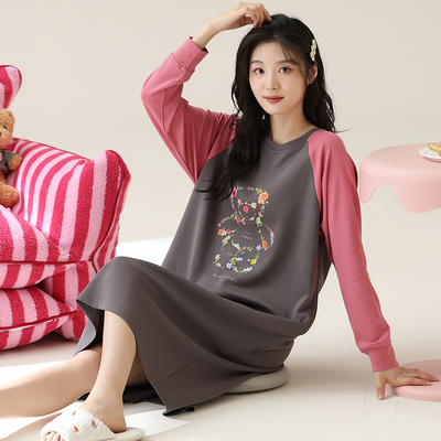 由果春秋冬季长袖纯棉睡衣睡裙女连衣裙2024年新款简约卡通家居服