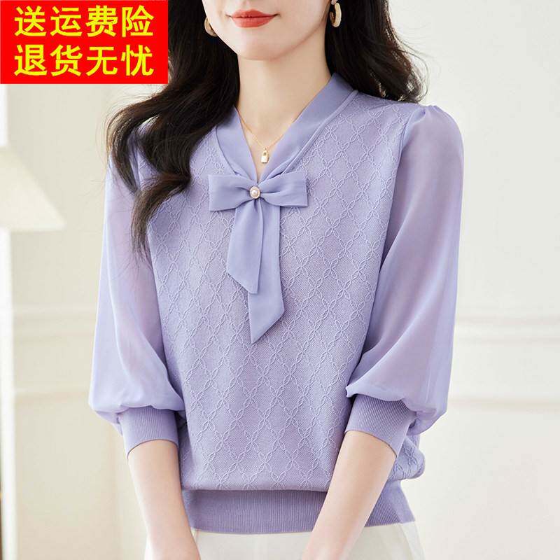 声雨竹清仓折扣春夏蝴蝶结V领七分袖针织衫女漂亮气质上衣冰丝t恤