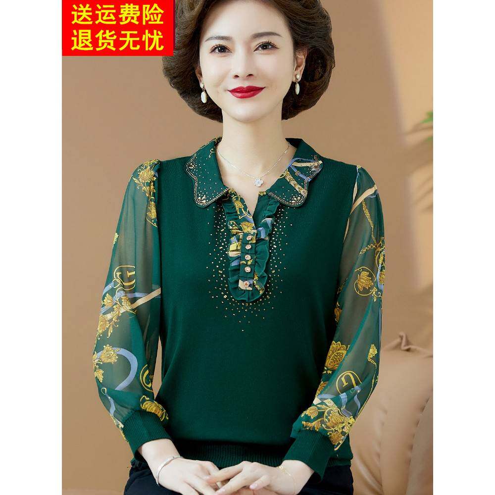 中年母亲秋装2025新款上衣西式衬衫中老年妇女服装春秋长袖t恤大