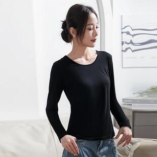 短款 t恤女打底衫 弹力百搭胖mm低圆领外穿纯黑色 莫代尔长袖 春秋季