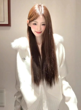 HUOTONG韩系千金感白色毛衣开衫女秋冬加厚毛领外套上衣时尚百搭