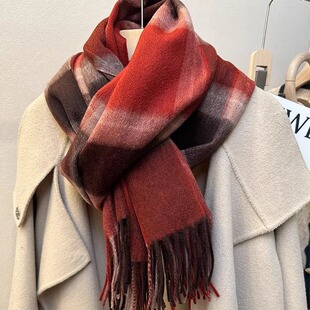 经典100%澳洲羊毛格子围巾情侣款冬季保暖围脖高级感复古新年红格