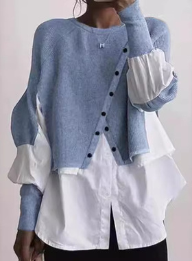 欧洲站亚马逊跨境时尚春秋圆领针织毛衣拼接衬衫假两件气质外穿女