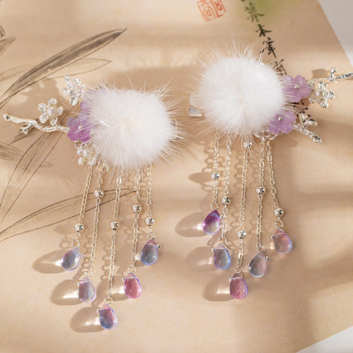 汉服发夹水貂毛球原创可爱边夹琉璃水滴流苏日常古典对夹古风头饰