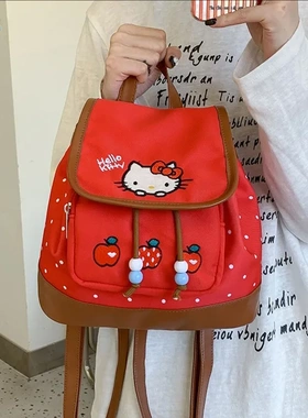 甜美心红色波点背包可爱卡通猫咪翻盖双肩包轻便休闲时尚包包