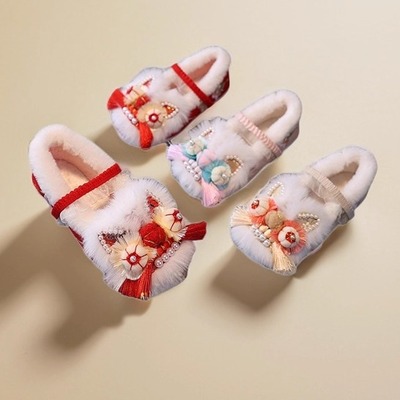 冬季女童汉服鞋加绒棉鞋刺绣中国风马面裙鞋儿童手工虎头鞋拜年鞋