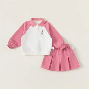 童裝 CT24046 女童POLO領(lǐng)衛(wèi)衣百褶裙兩件套女童學(xué)院風(fēng)套裝 春季