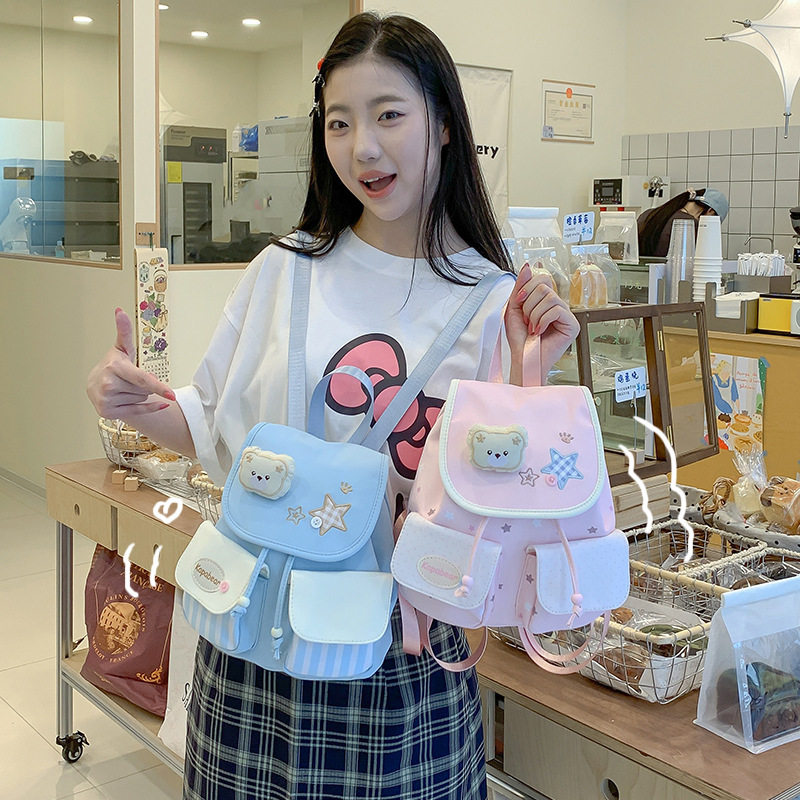 韩系少女风小熊贴布双肩包波点格纹拼接轻便随身女士翻盖小背包
