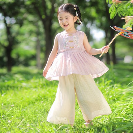 夏款亲子汉服儿童小童女宝国风两件套古装新中式马甲薄款套装