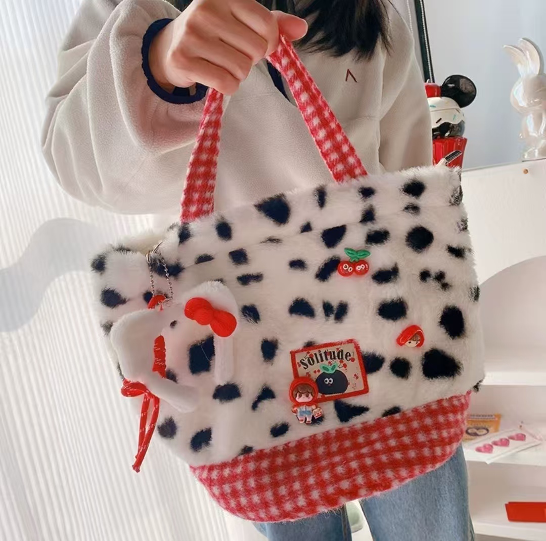 HD1146A05红格子豹纹波点毛绒手提包冬季通勤少女休闲百搭小方包