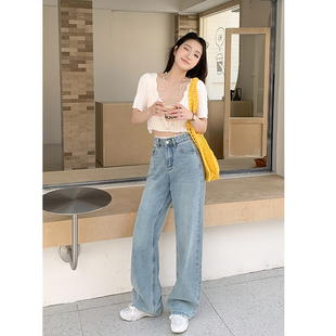 直筒减龄长裤 女高腰显瘦窄版 蕾丝腰头设计感宽松直筒牛仔裤 25228