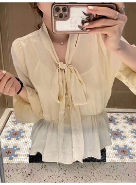 韩韩国甜美复古金色波点系飘带蝴蝶结泡泡袖荷叶边袖衬衫