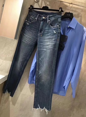 Me墙裂推荐~BI入款舒适弹力做旧蓝色毛边中腰9分牛仔裤百搭显瘦