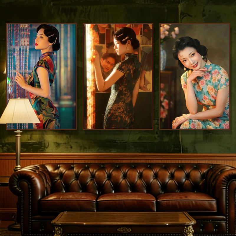 民国风旗袍女人装饰画老上海餐厅茶楼照相馆美女挂画剧本杀墙壁画