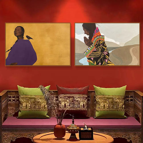 西藏藏族油画风挂画抽象人物客厅饭店餐厅装饰画民族风民宿墙壁画