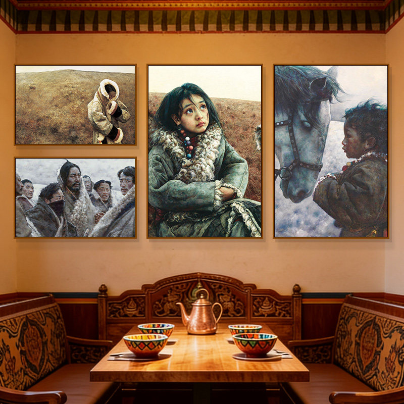 西藏油画风挂画藏式酒店高级会所藏族装饰画现代写实派书房壁画