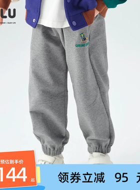 优露童装男童长裤ULLU25秋款宽松小沙漏绣花灰色收口运动卫裤子