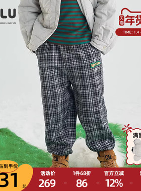 ULLU优露童装男童长裤24冬款百搭时尚黑白格纹提花收口针织呢长裤