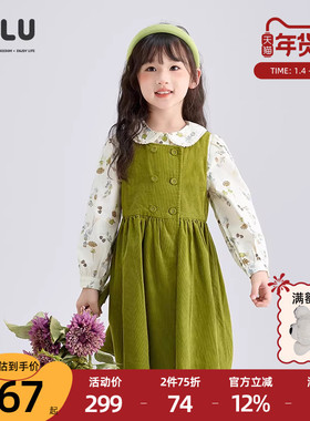优露童装女童无袖连衣裙ULLU25秋款复古甜美绿色灯芯绒儿童背心裙