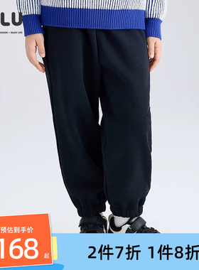 优露童装男童长裤ULLU25冬款潮流绣花百搭黑色加绒儿童运动裤卫裤