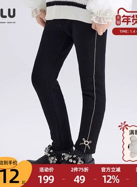 优露童装女童打底裤ULLU冬新款坑条肌理侧面花边蝴蝶结加绒打底裤