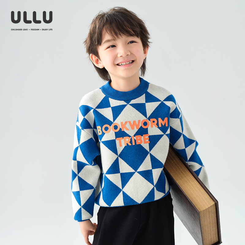 ULLU撞色字母菱形格子提花毛衣