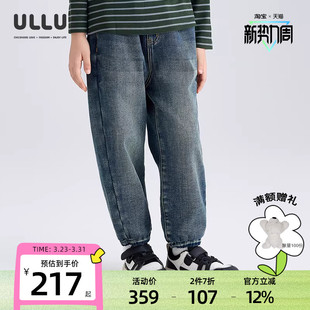 优露童装男童长裤ULLU冬新款复合奥粒绒做旧宽松锥形加绒牛仔裤