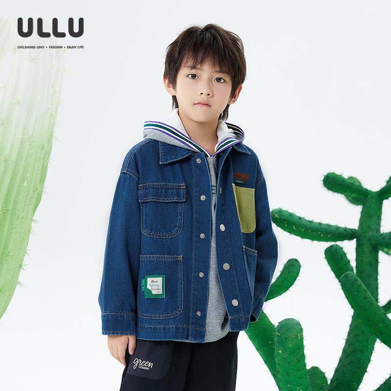 ULLU优露童装男童长袖外套25春款落肩箱型不对称口袋夹克牛仔外套