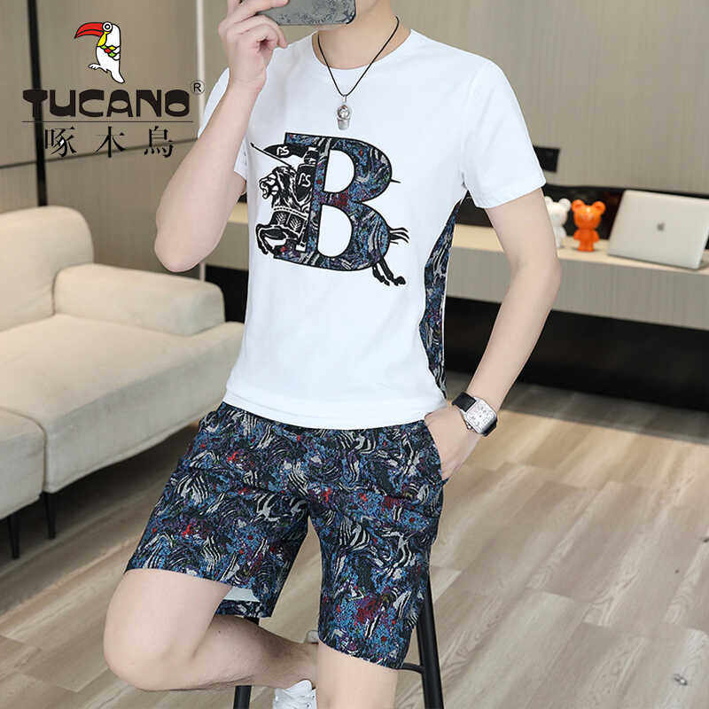 啄木鸟夏季短袖短裤套装男士潮牌休闲运动套装穿搭一整套衣服搭配