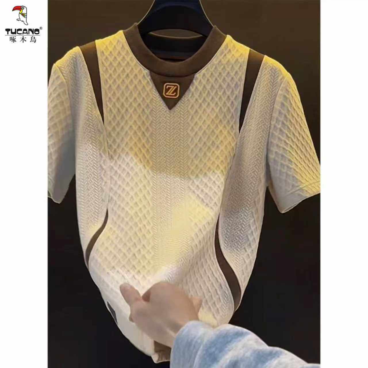 啄木鸟高端个性男款白色短袖t恤男潮牌时尚夏季新款男士提花半袖T