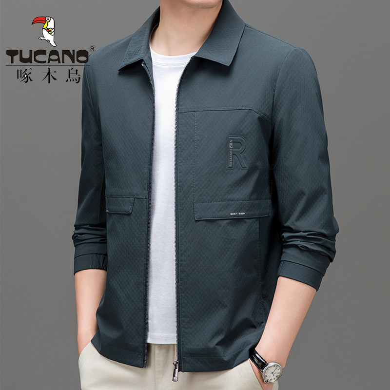 啄木鸟夹克外套男春秋新款翻领商务休闲中年爸爸装茄克衫上衣薄款