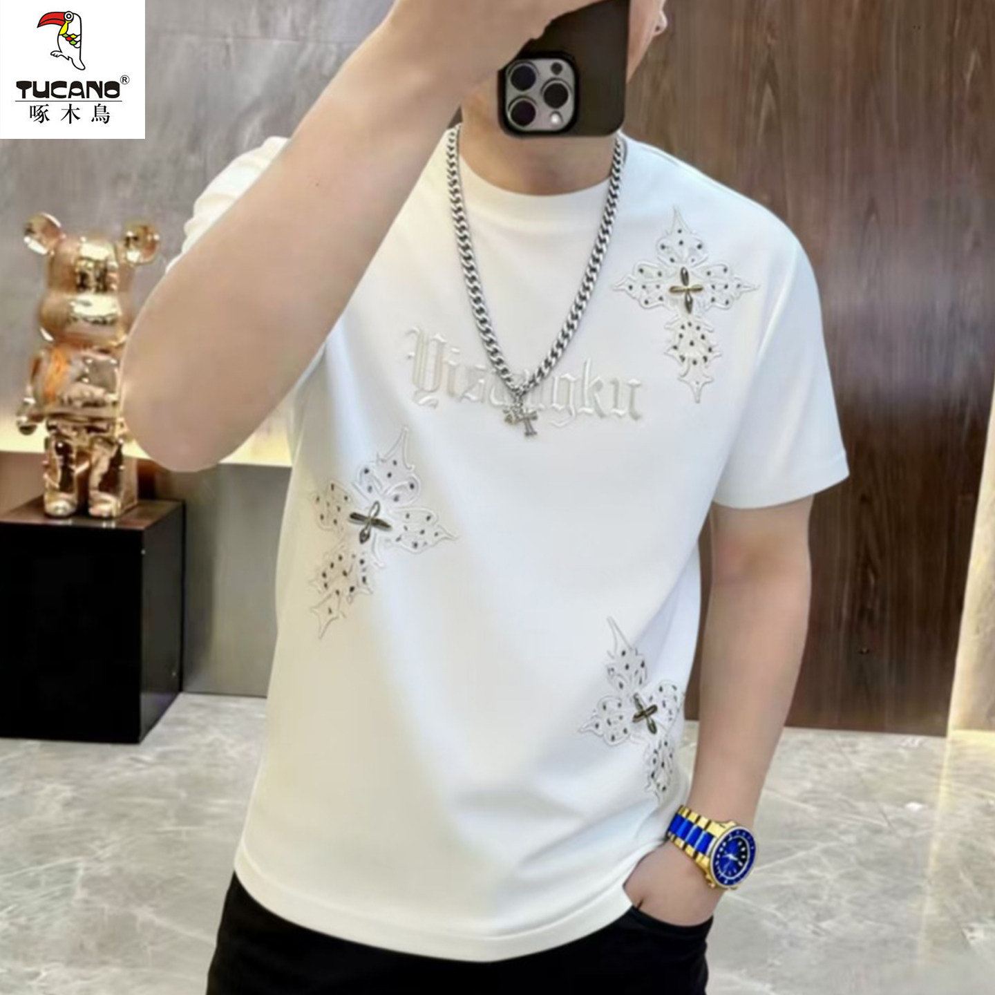 啄木鸟夏季高端男款圆领短袖T恤