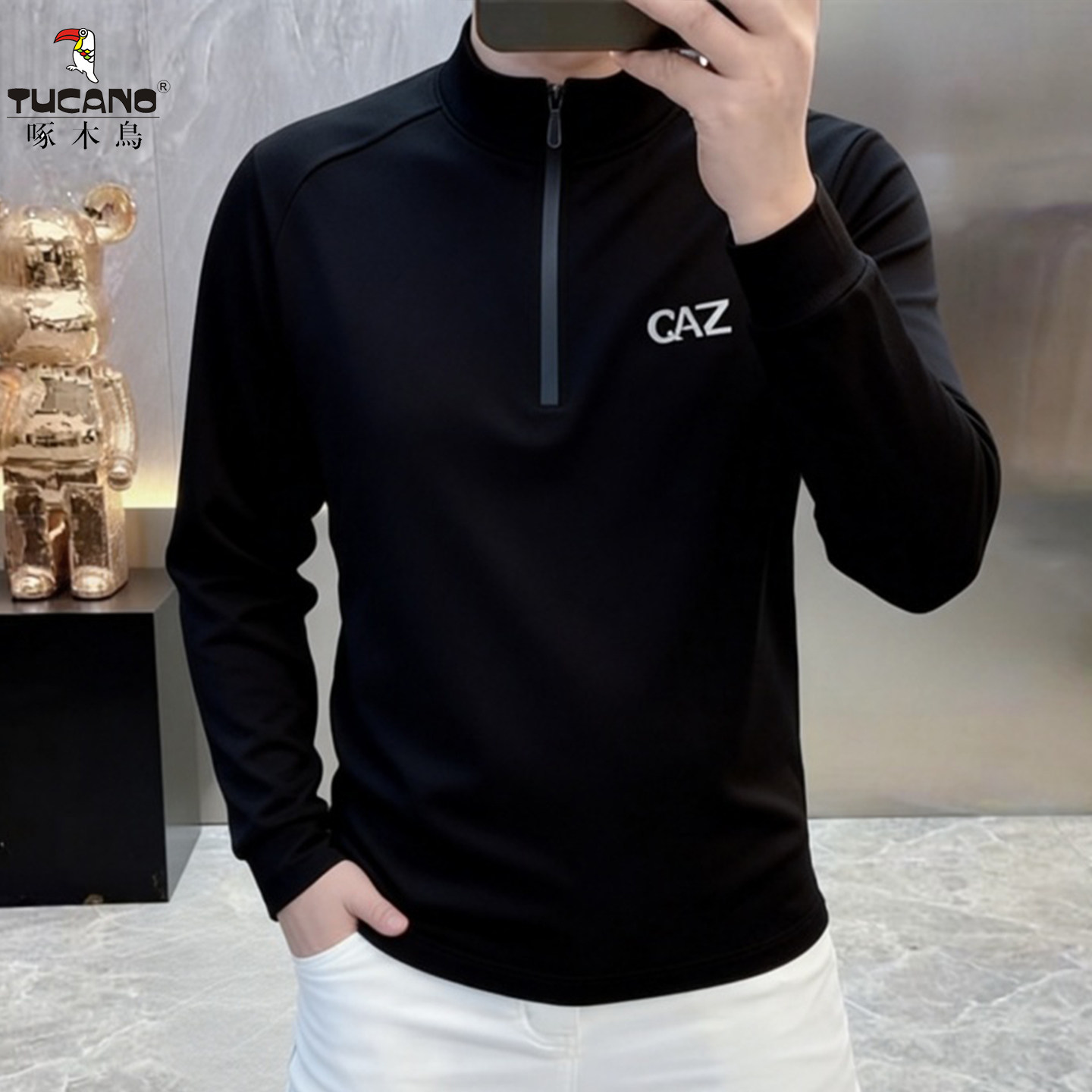 啄木鸟半拉链立领长袖T恤男款春秋季新款男士休闲运动上衣打底衫