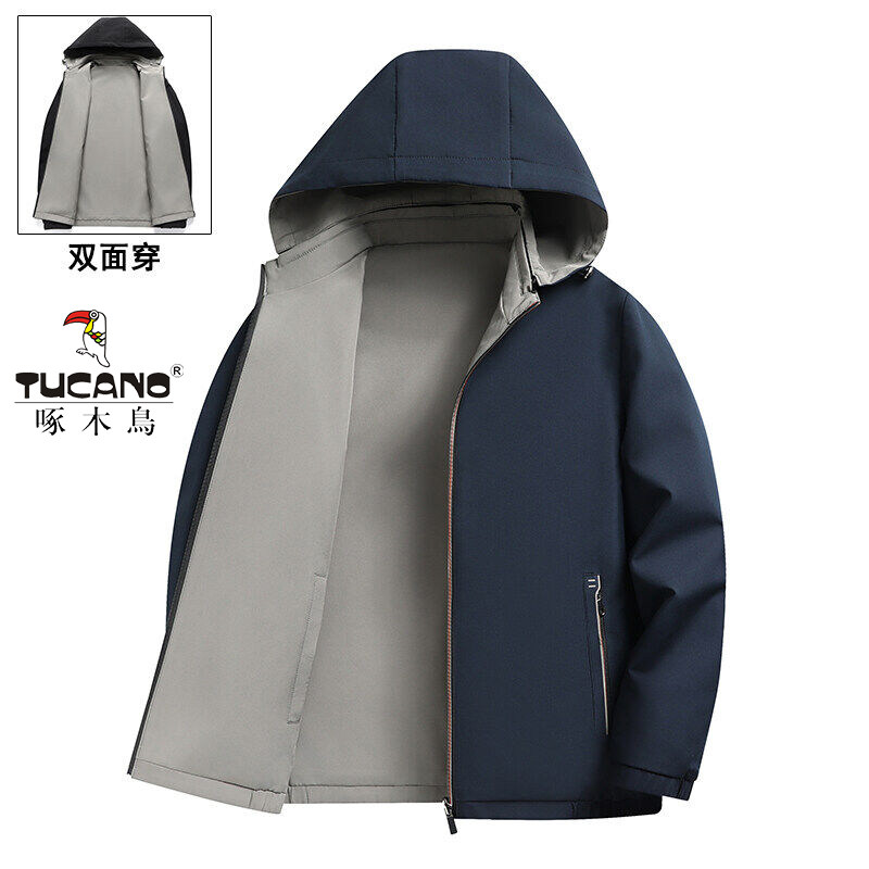 啄木鸟双面穿夹克春秋款中老年商务休闲可脱卸帽外套宽松百搭男装