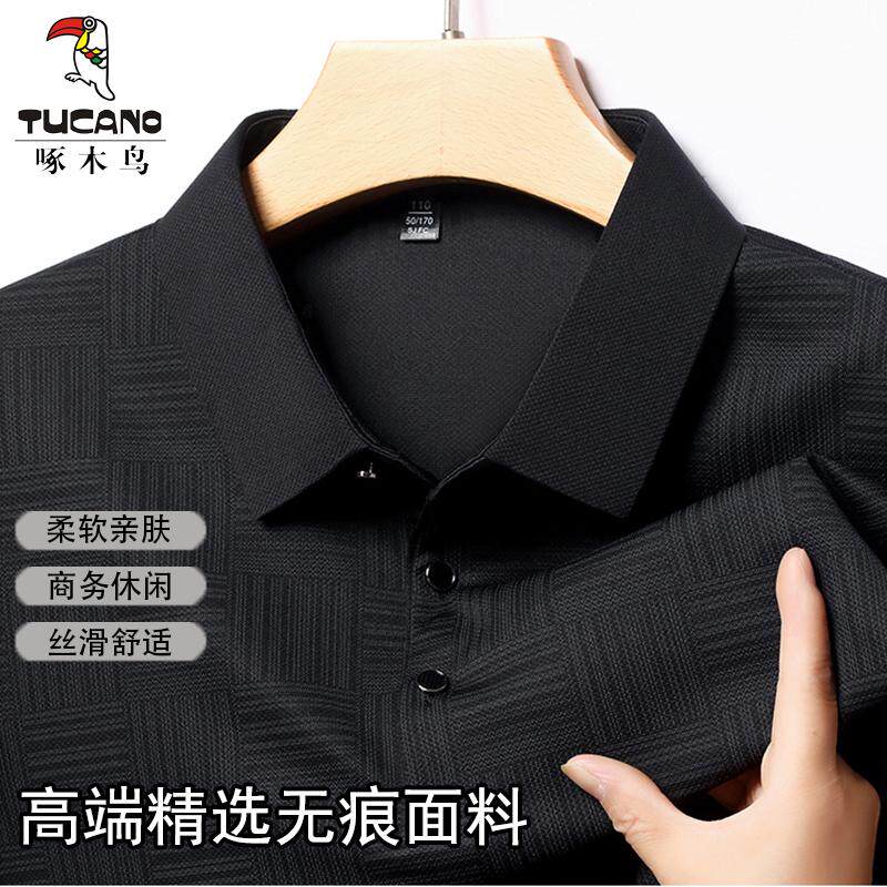 啄木鸟男士长袖Polo衫2024新款春秋季宽松翻领T恤抗皱免烫打底衫