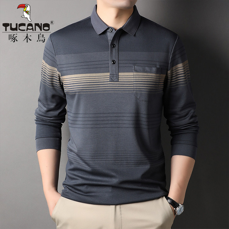 啄木鸟春秋季男士长袖t恤爸爸装上衣条纹打底衫中老年翻领POLO衫