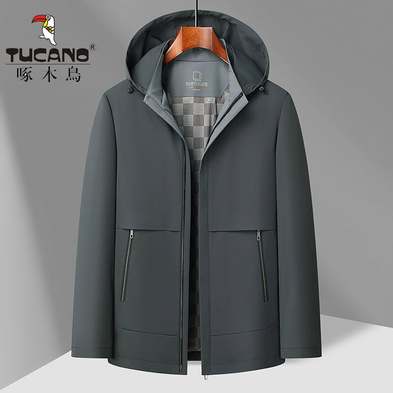 啄木鸟男士夹克春秋新款连帽外套商务休闲男装纯色茄克衫爸爸上衣