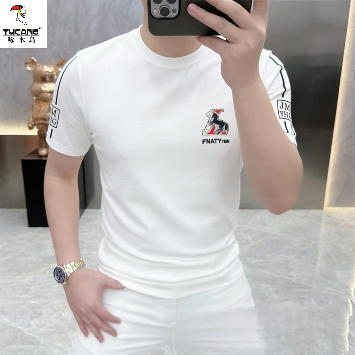 啄木鸟男士短袖T恤白色圆领休闲烫钻百搭潮流上衣夏季套头体恤衫