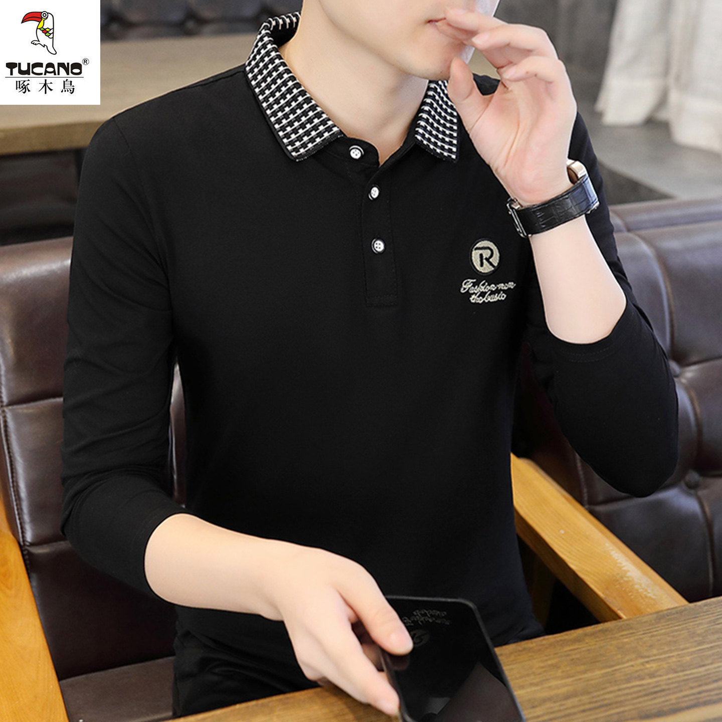 啄木鸟春秋男棉质翻领长袖POLO衫