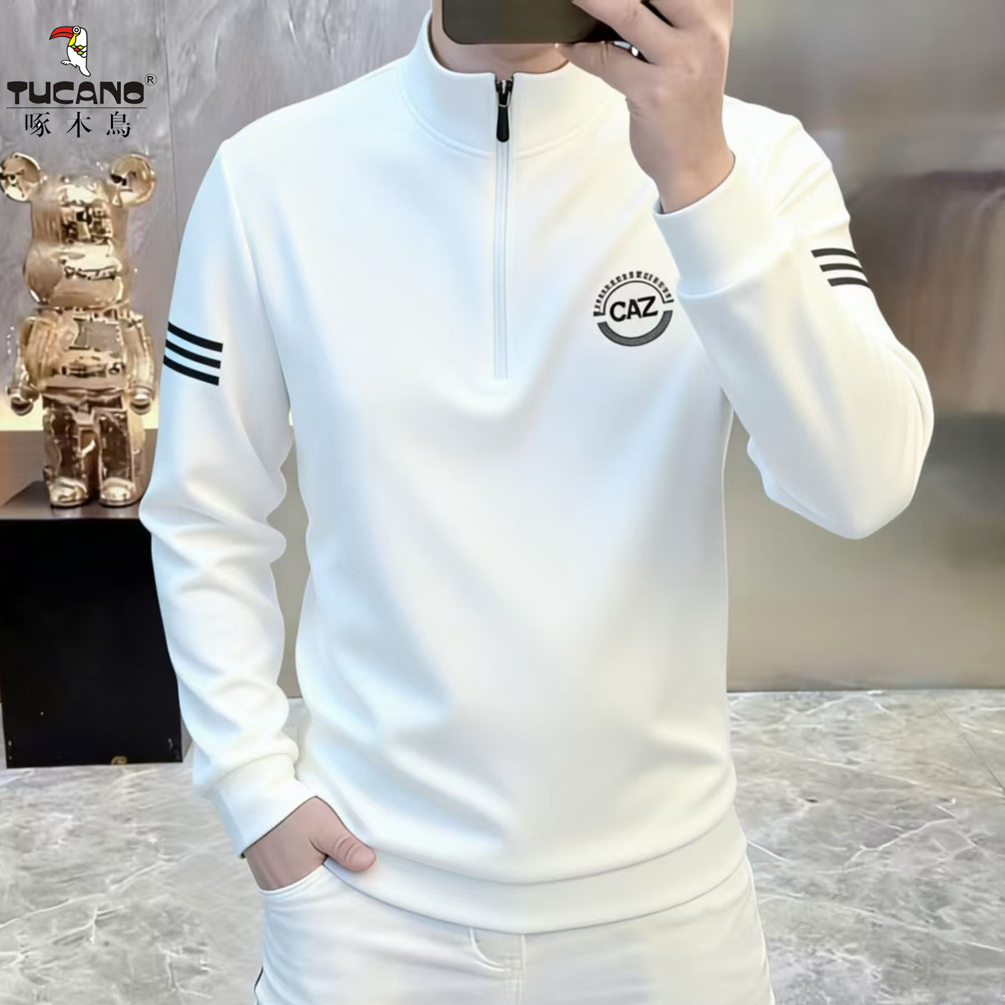啄木鸟半拉链立领长袖T恤男款春秋季新款男士休闲运动上衣打底衫