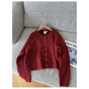 日单秋冬羊毛混纺红色扭花毛衣开衫