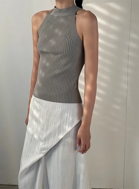 DVZ针织吊带上衣外穿夏季新款纯色窄肩圆领修身露背无袖背心7261